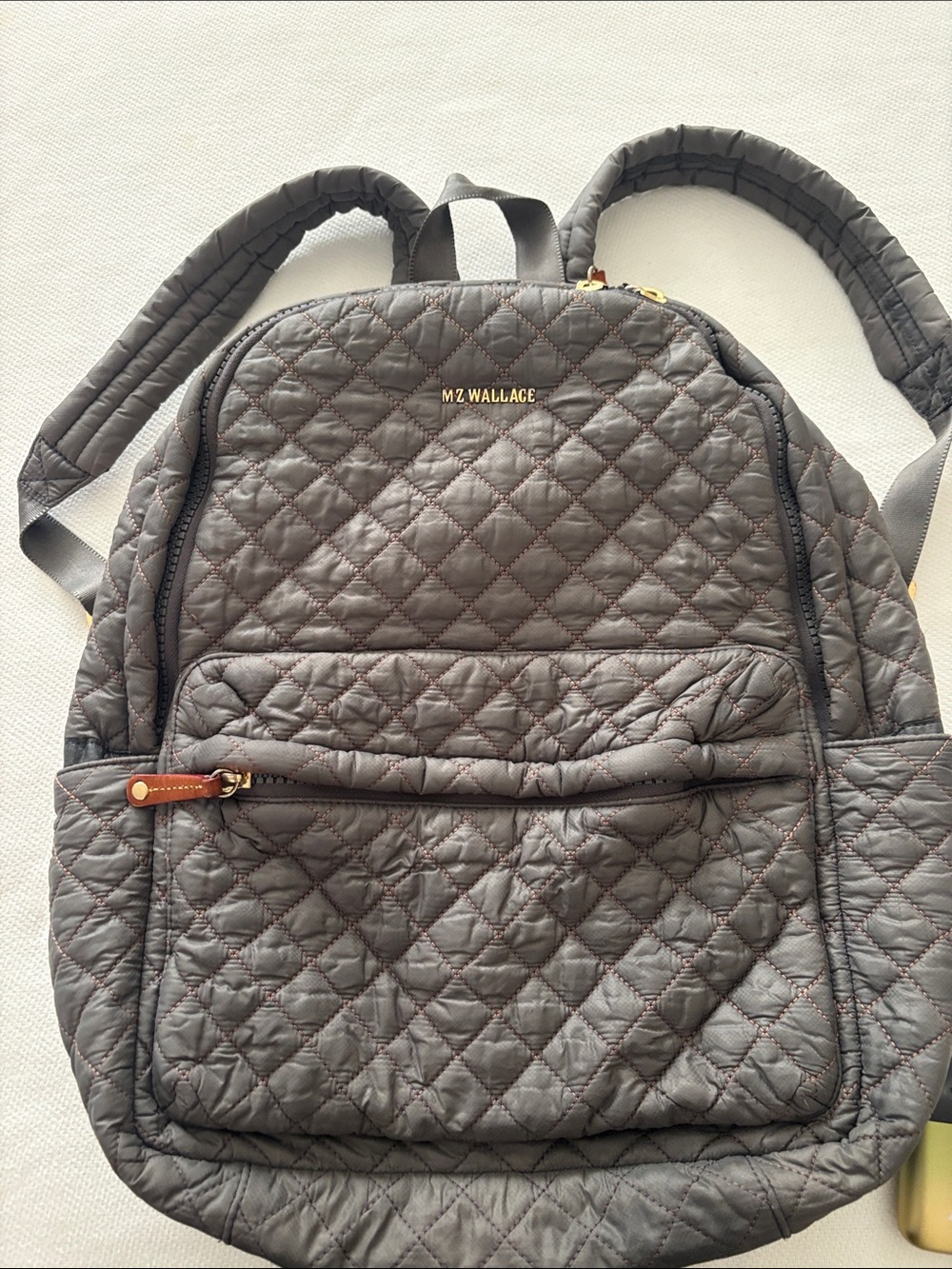 MZ Wallace Quilted Gray Nylon Backpack with Gold Accents